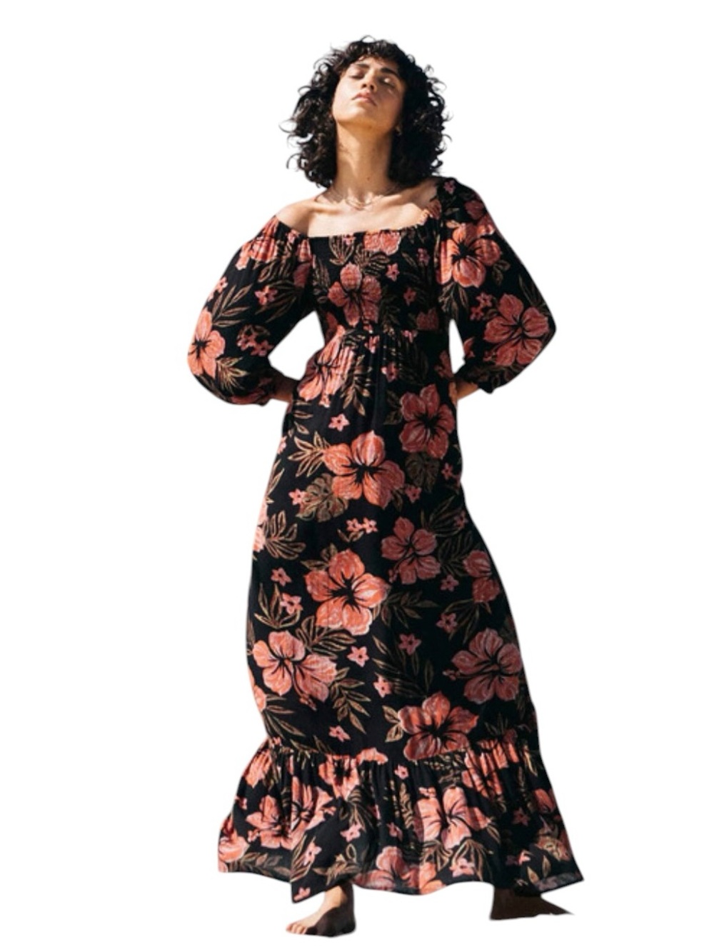 EUC Billabong Black Tropical Floral Maxi Dress Women's Medium Boho Puff Sleeve